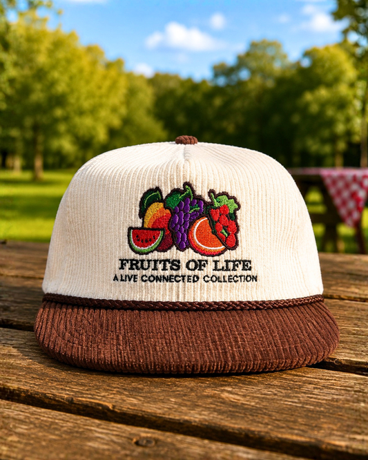 Fruits of Life corduroy hat in cream and brown with embroidered fruit logo