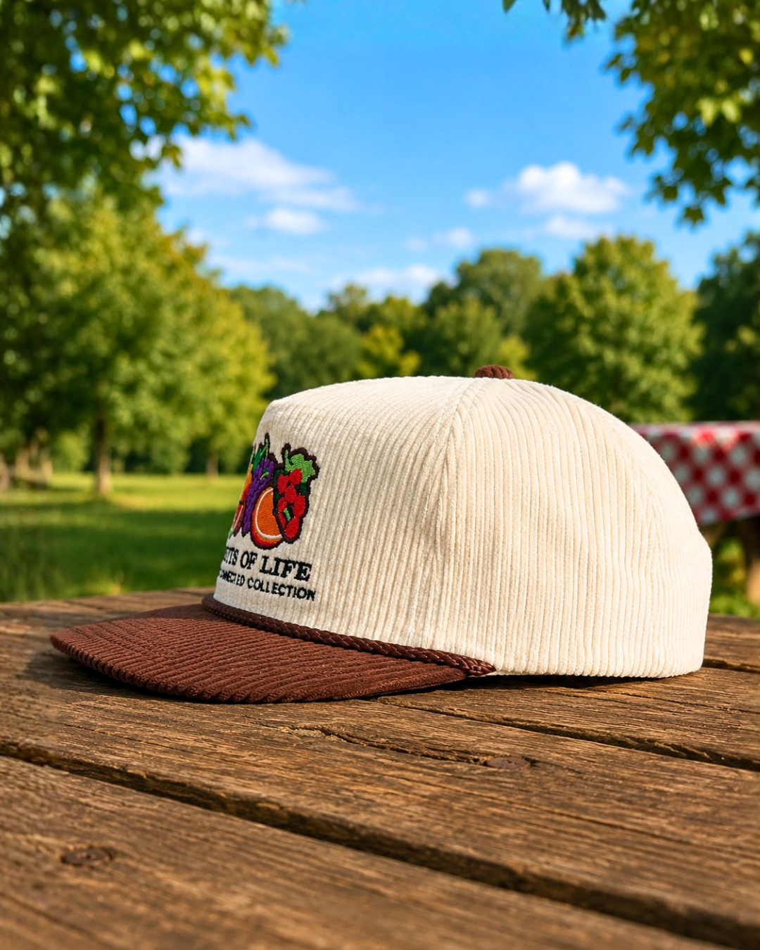 Fruits of Life corduroy hat in cream and brown with embroidered fruit logo