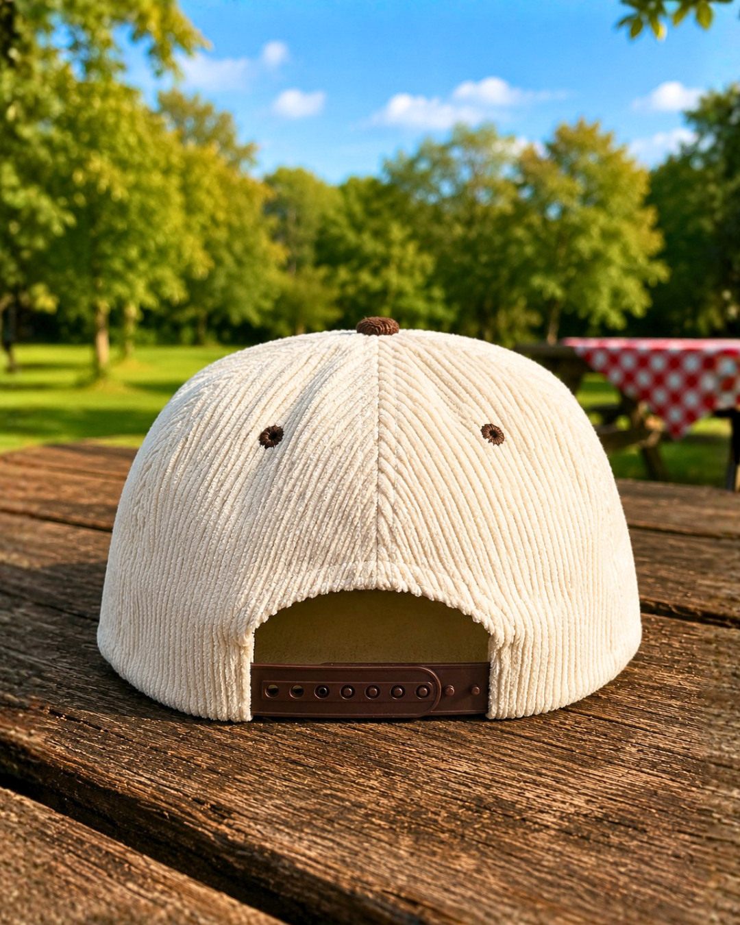 Fruits of Life corduroy hat in cream and brown with embroidered fruit logo