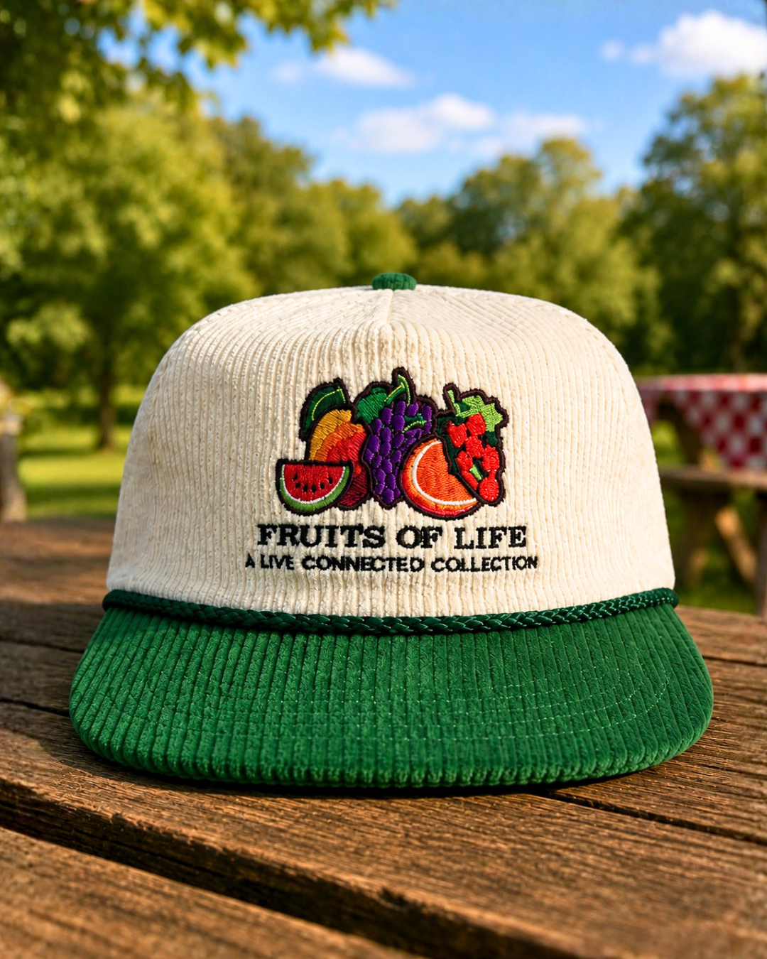 Fruits of Life corduroy hat in cream and green with embroidered fruit logo