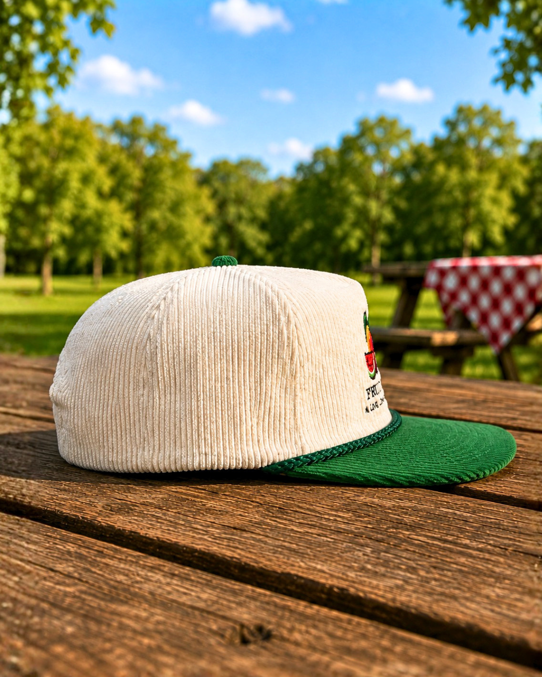 Fruits of Life corduroy hat in cream and green with embroidered fruit logo