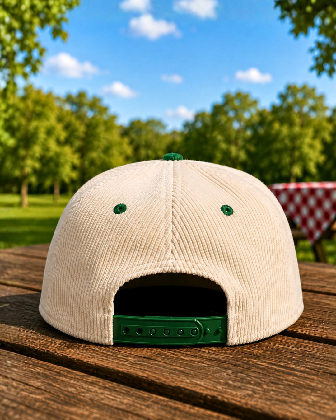 Fruits of Life corduroy hat in cream and green with embroidered fruit logo