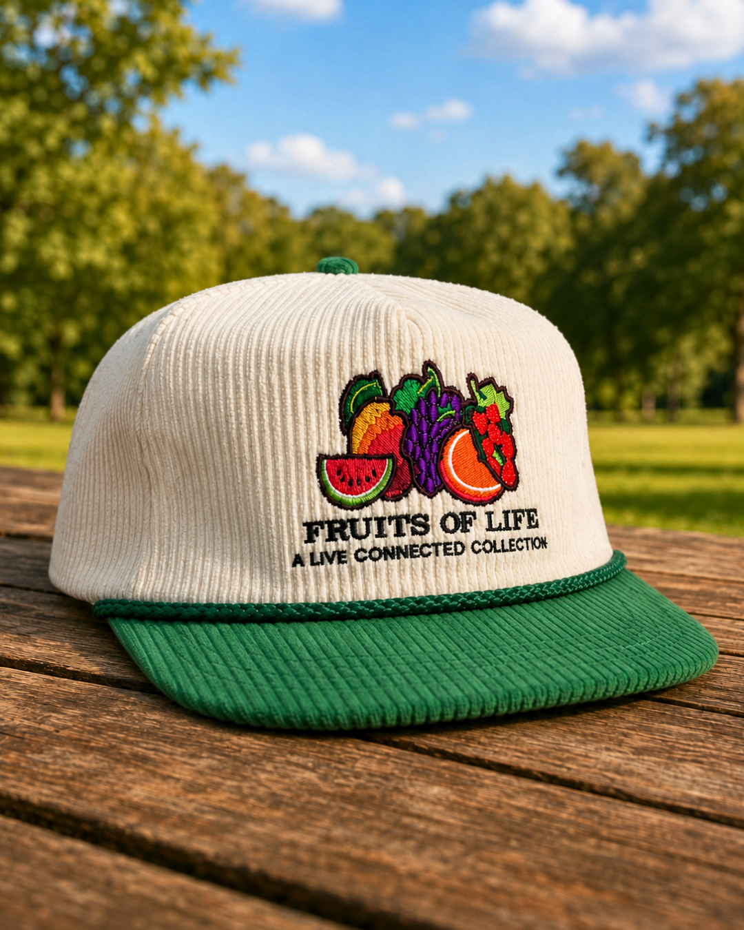 Fruits of Life corduroy hat in cream and green with embroidered fruit logo